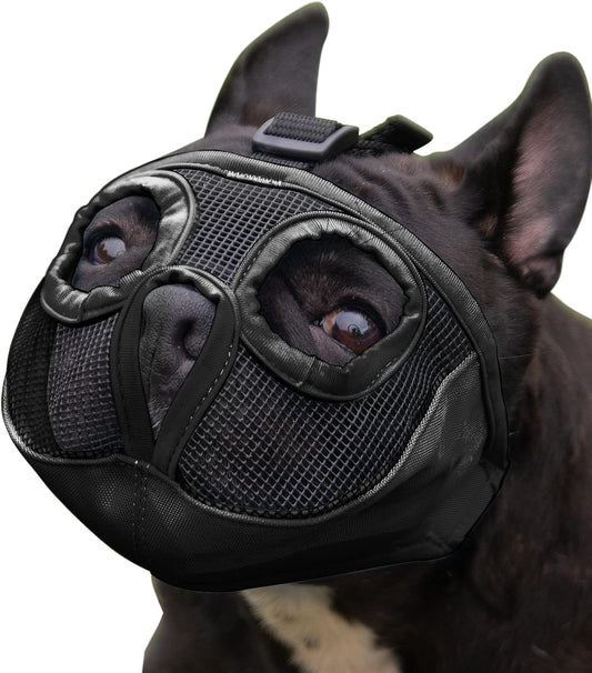 Short Snout Dog Muzzle- Adjustable Bulldog Muzzle Breathable Mesh Dog Mask for Biting Chewing Barking Training Licking and Grooming (S(9"-12"), Black)